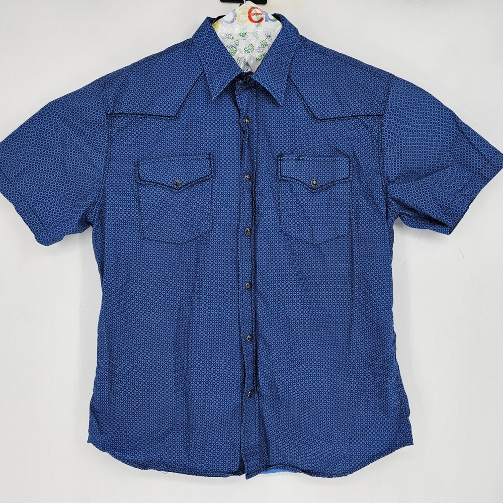 Rodeo Clothing Shirt Mens Large Pearl Snap Western Rodeo Short Sleeve Blue